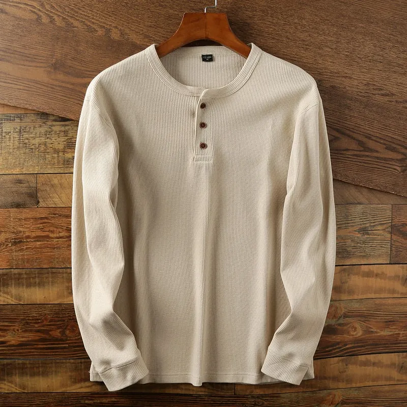 New Fashion Mens Henley Shirts Long Sleeve Half Button Up Thermal Waffle Knit Tops Tees US Size XS-XL