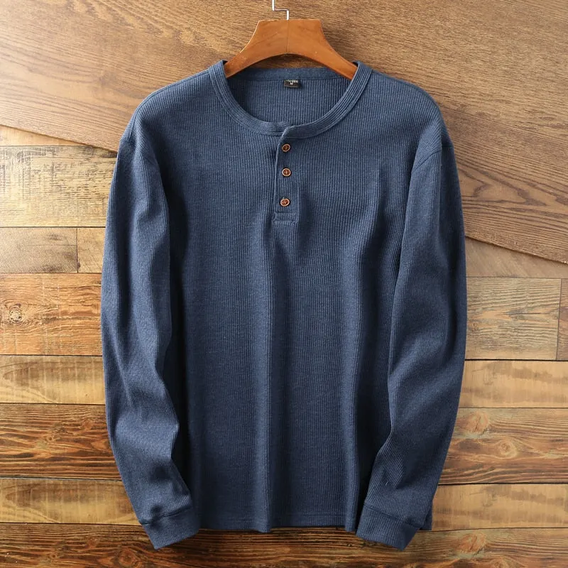 New Fashion Mens Henley Shirts Long Sleeve Half Button Up Thermal Waffle Knit Tops Tees US Size XS-XL