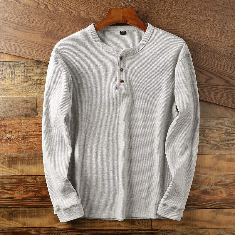 New Fashion Mens Henley Shirts Long Sleeve Half Button Up Thermal Waffle Knit Tops Tees US Size XS-XL