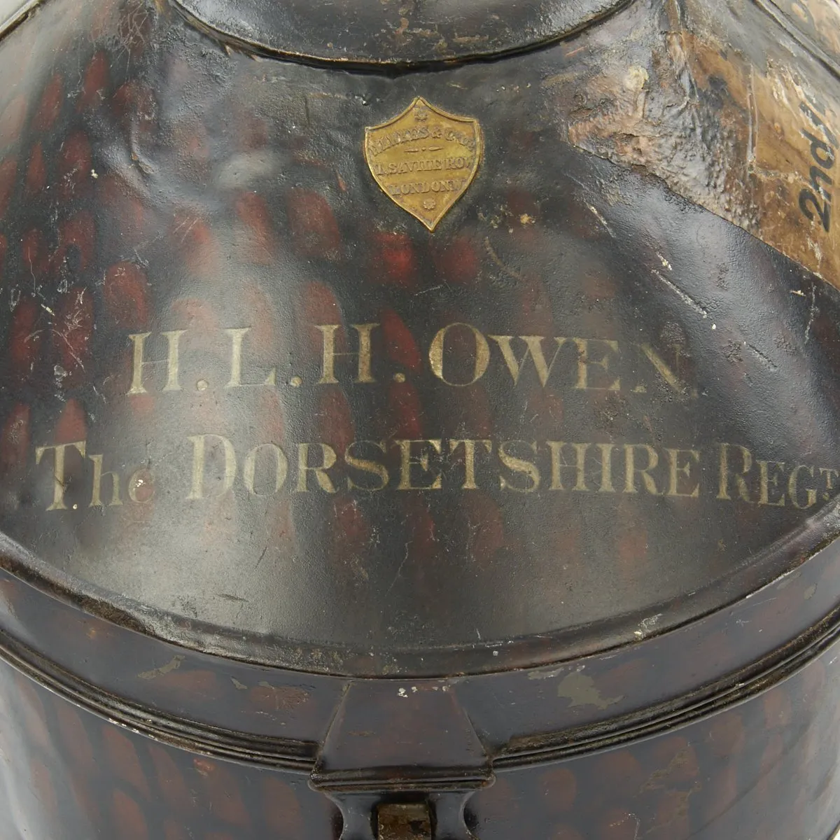 Original British WWI Sun Helmet of Major Henry Leftwich Haddon Owen of The Dorsetshire Regiment with Transport Tin