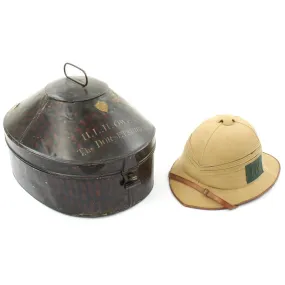 Original British WWI Sun Helmet of Major Henry Leftwich Haddon Owen of The Dorsetshire Regiment with Transport Tin