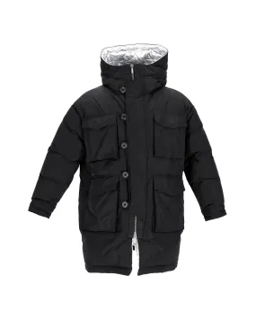 Oversized Black Polyester Puff Parka with Silver Lining