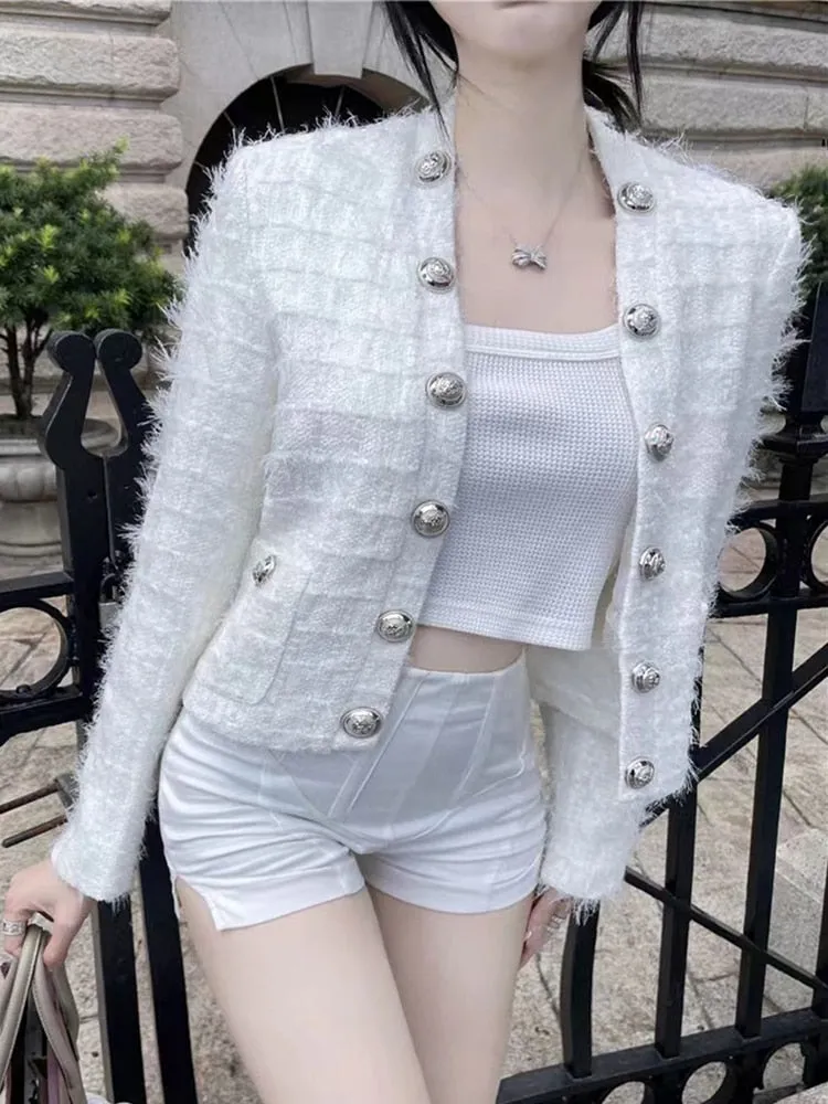 Patchwork Double Breasted Jackets For Women V Neck Long Sleeve Runic Solid Jacket Female Fashion Clothing