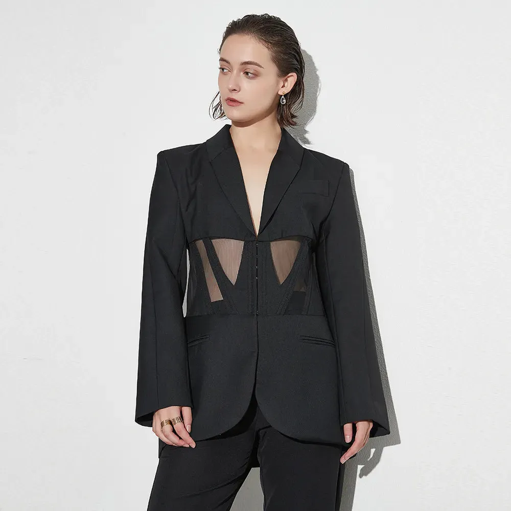 Patchwork Sheer Mesh Sexy Blazers For Women Notched Collar Long Sleeve Spliced Pocket Female Fashion Clothing