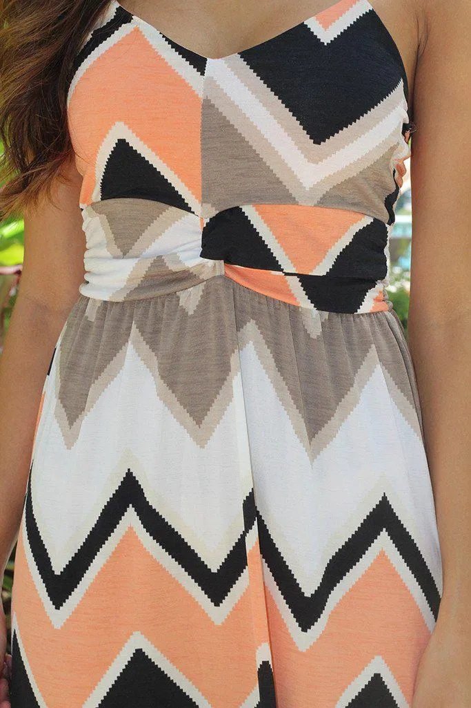 Peach and Black Chevron Sleeveless Maxi Dress