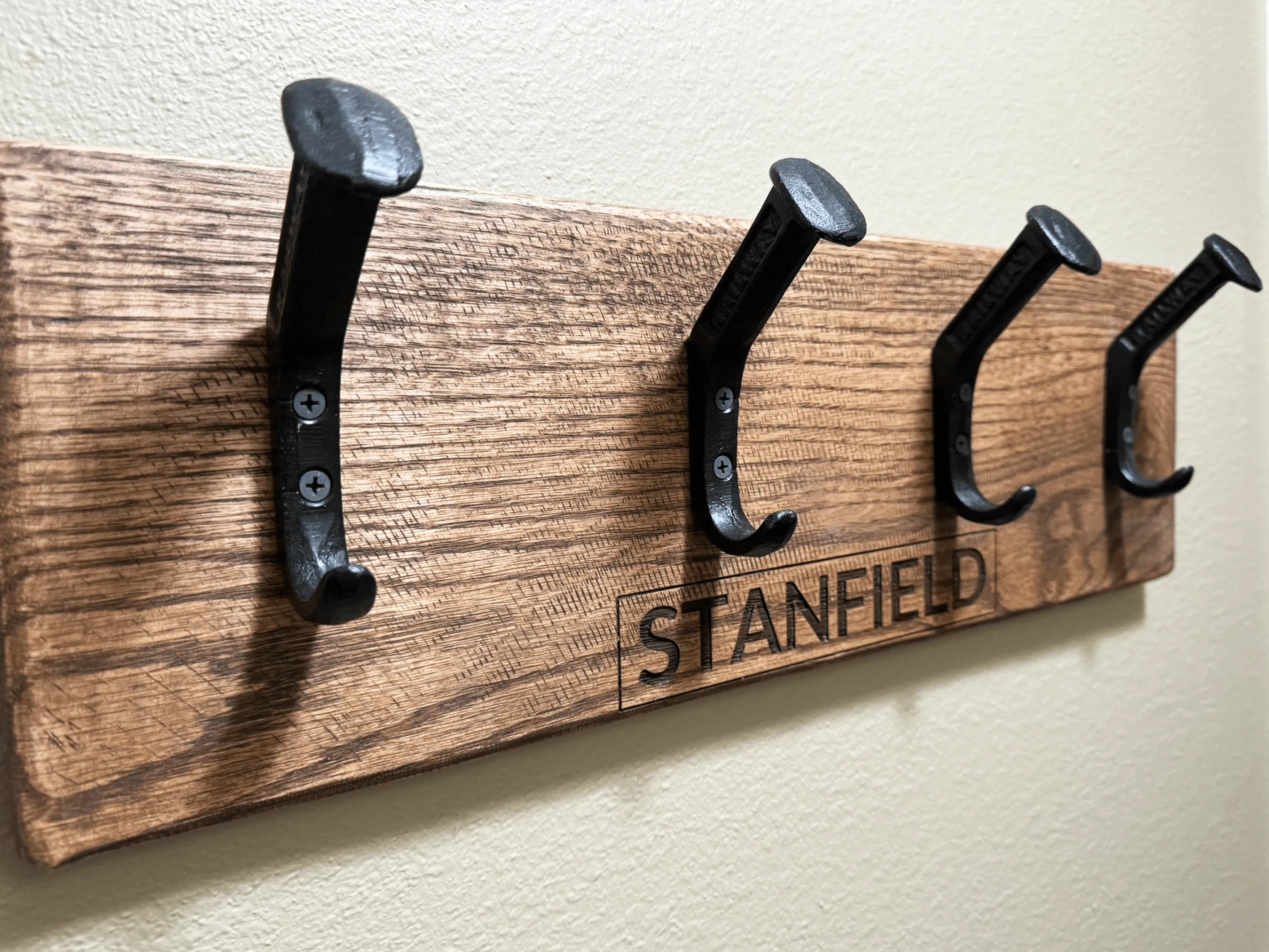 Personalized Rustic Wooden Wall Rack for Hats, Caps, & Coats - 4 Hooks