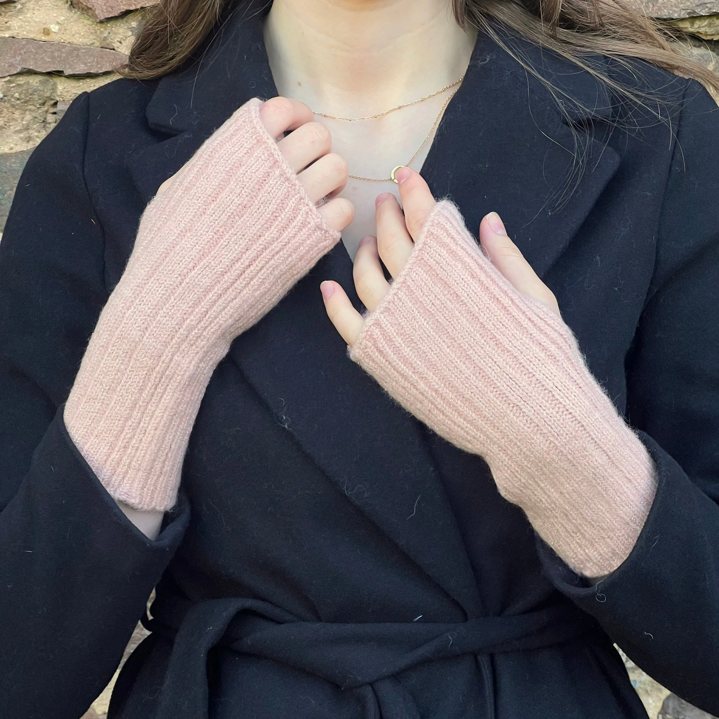 Pink Wool Knitted Headwarmer & Fingerless Gloves Set