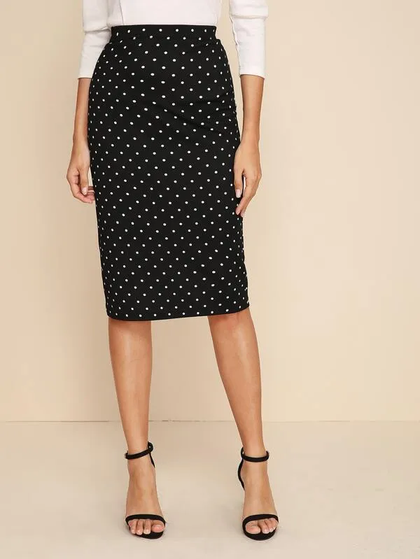 Polka-dot Print Midi Pencil Skirt