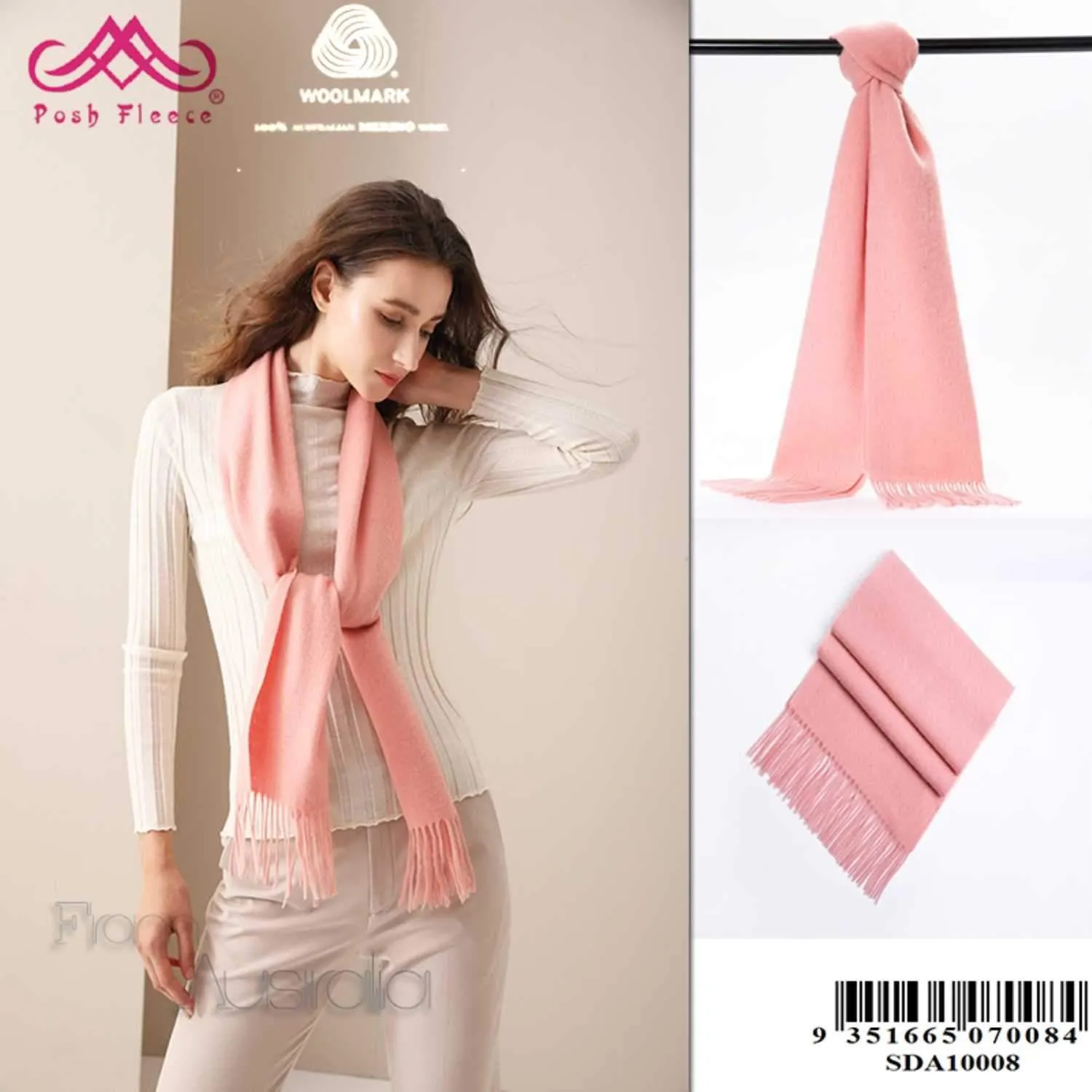 POSH FLEECE Pure Wool Scarf with Fringe Pink