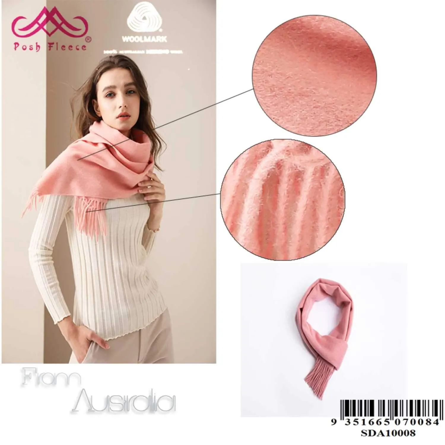 POSH FLEECE Pure Wool Scarf with Fringe Pink