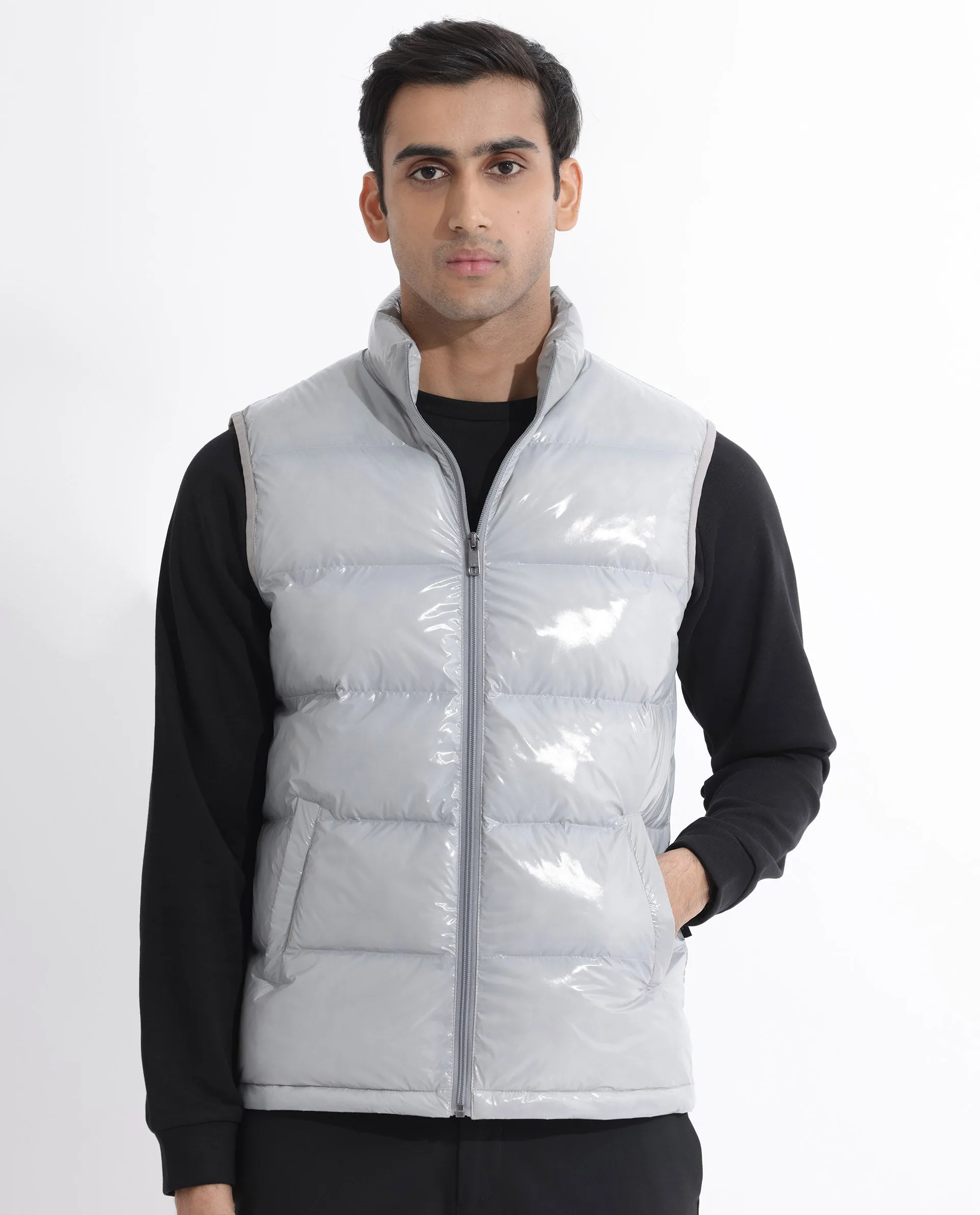 Rare Rabbit Men's Cover Light Grey Metallic High Neck Quilted Puffer Jacket