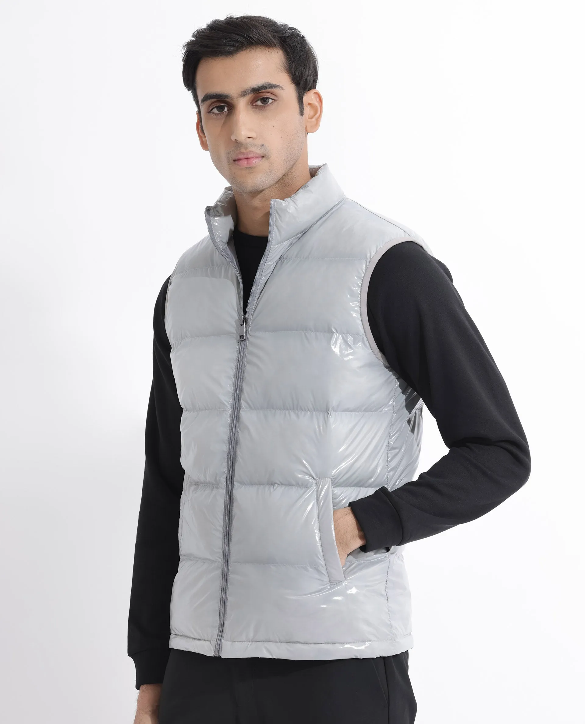 Rare Rabbit Men's Cover Light Grey Metallic High Neck Quilted Puffer Jacket