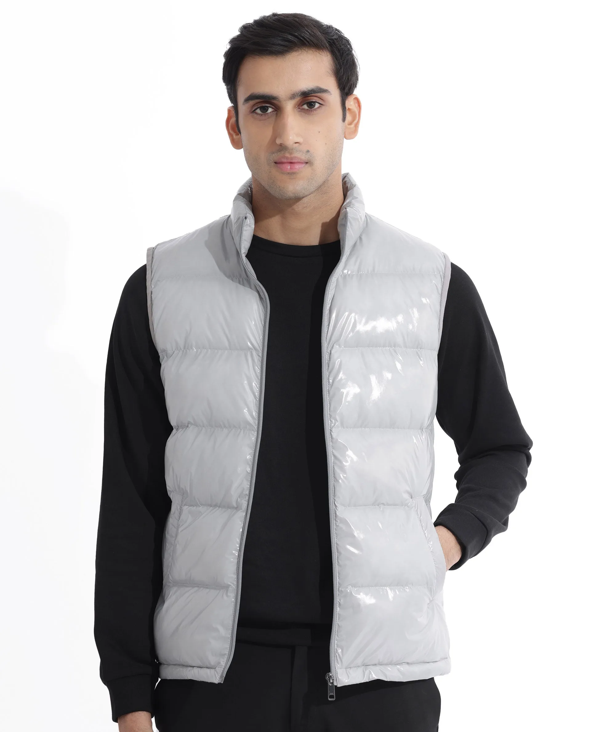 Rare Rabbit Men's Cover Light Grey Metallic High Neck Quilted Puffer Jacket