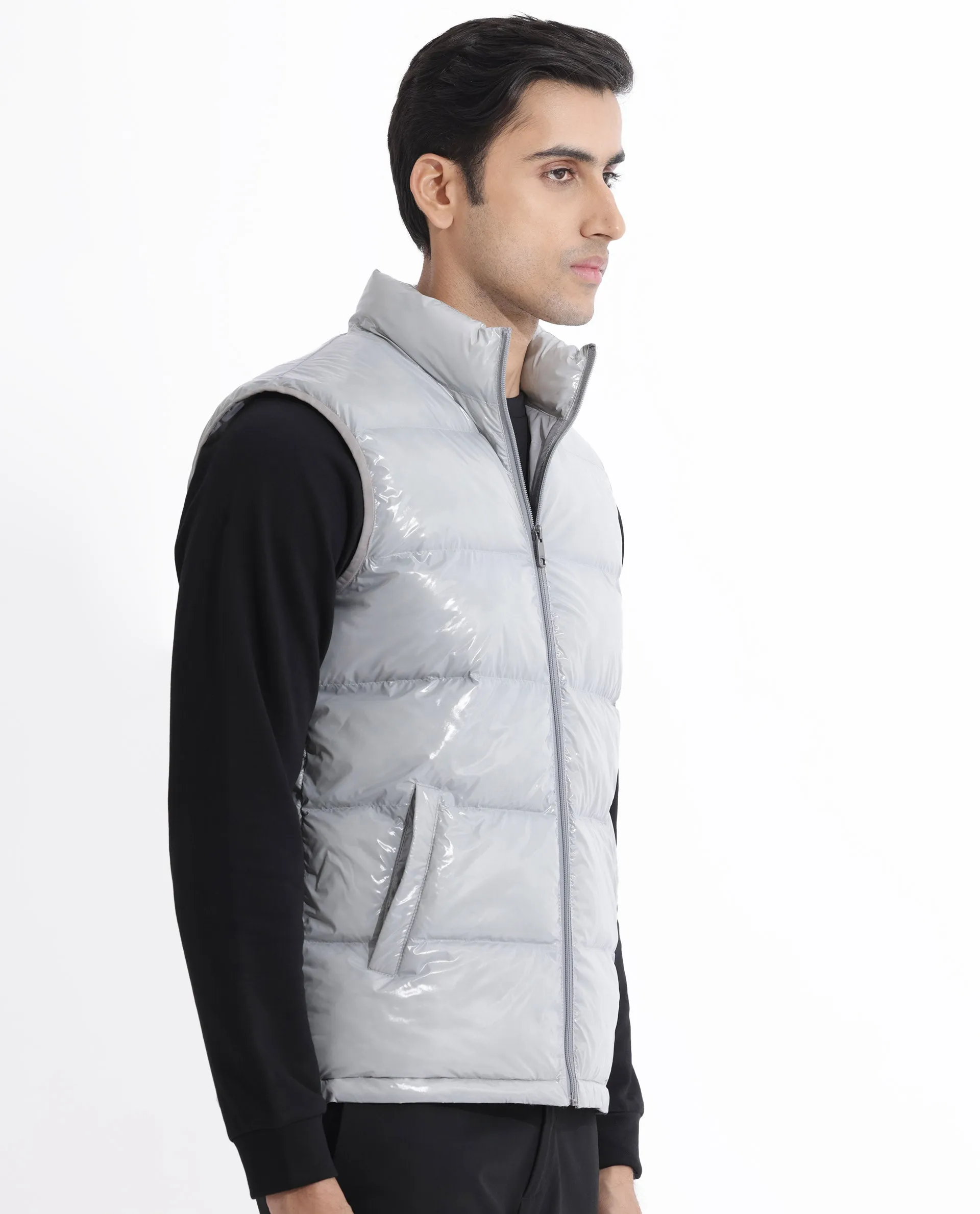 Rare Rabbit Men's Cover Light Grey Metallic High Neck Quilted Puffer Jacket