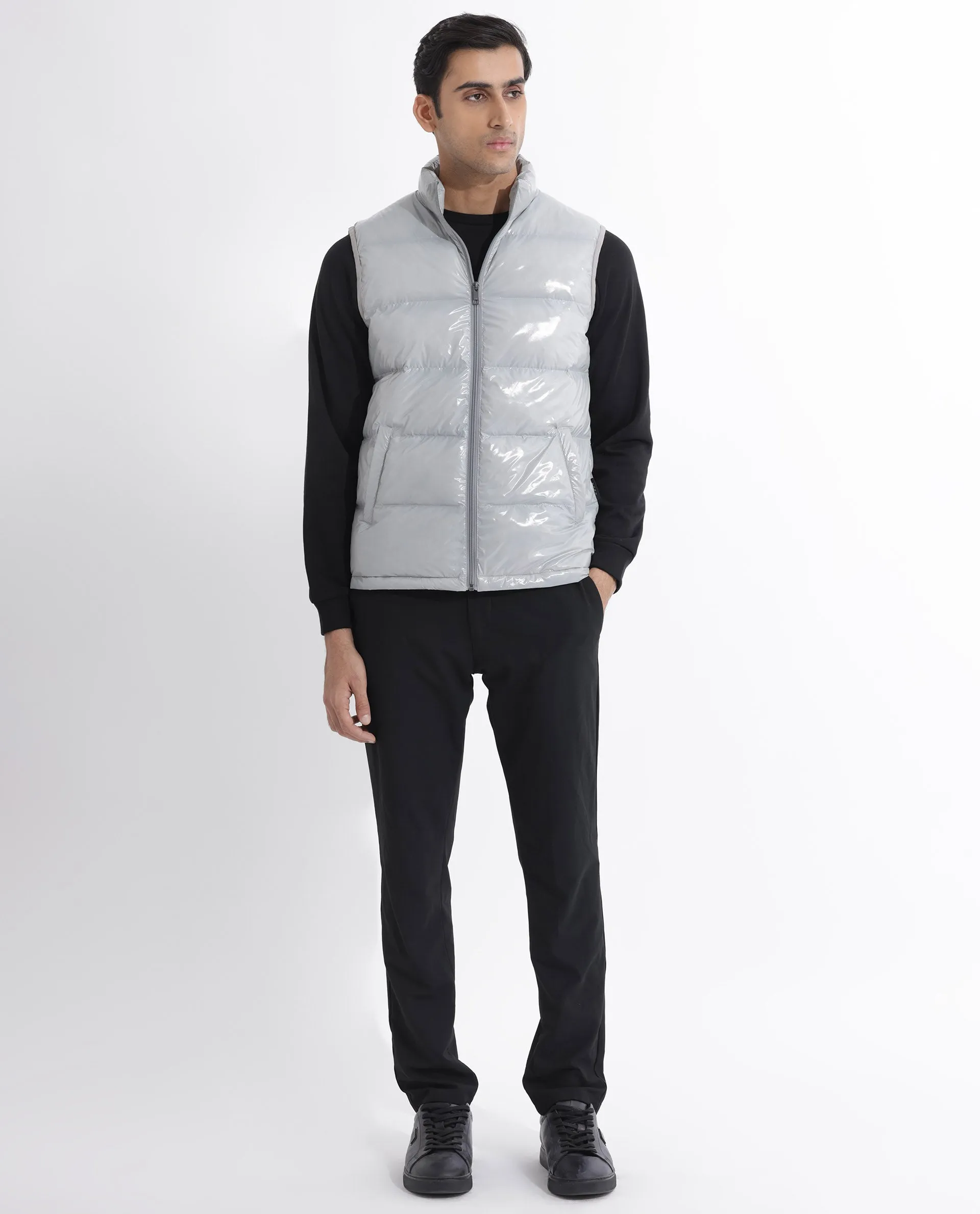 Rare Rabbit Men's Cover Light Grey Metallic High Neck Quilted Puffer Jacket