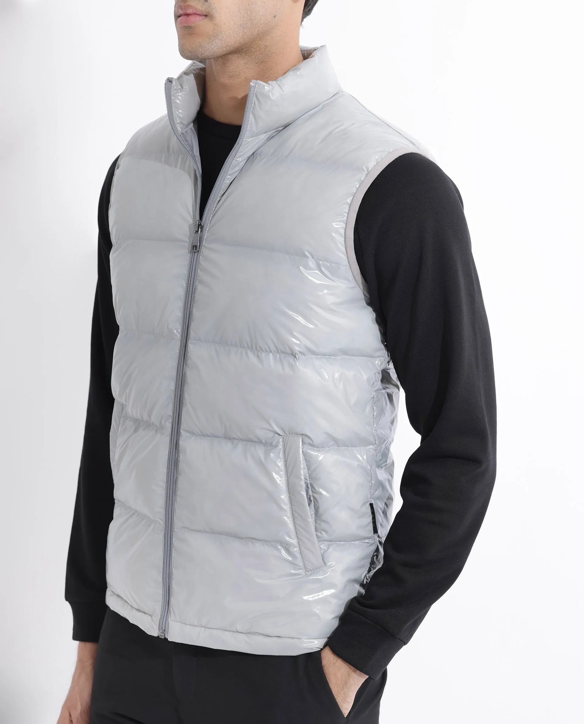 Rare Rabbit Men's Cover Light Grey Metallic High Neck Quilted Puffer Jacket