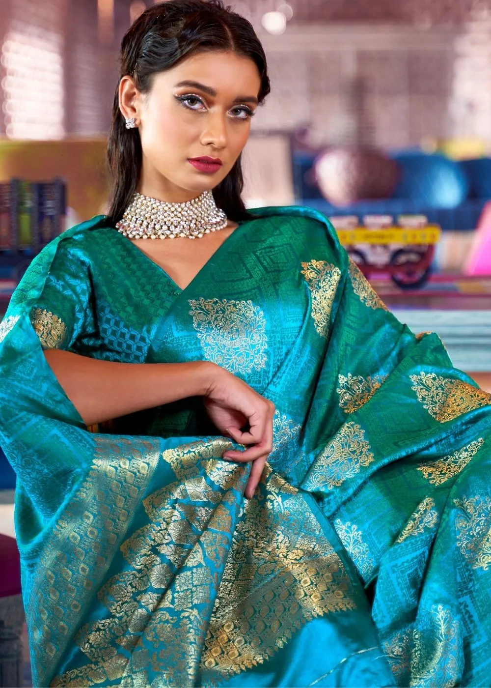 Sapphire Blue Satin Silk Saree with overall Golden Butti