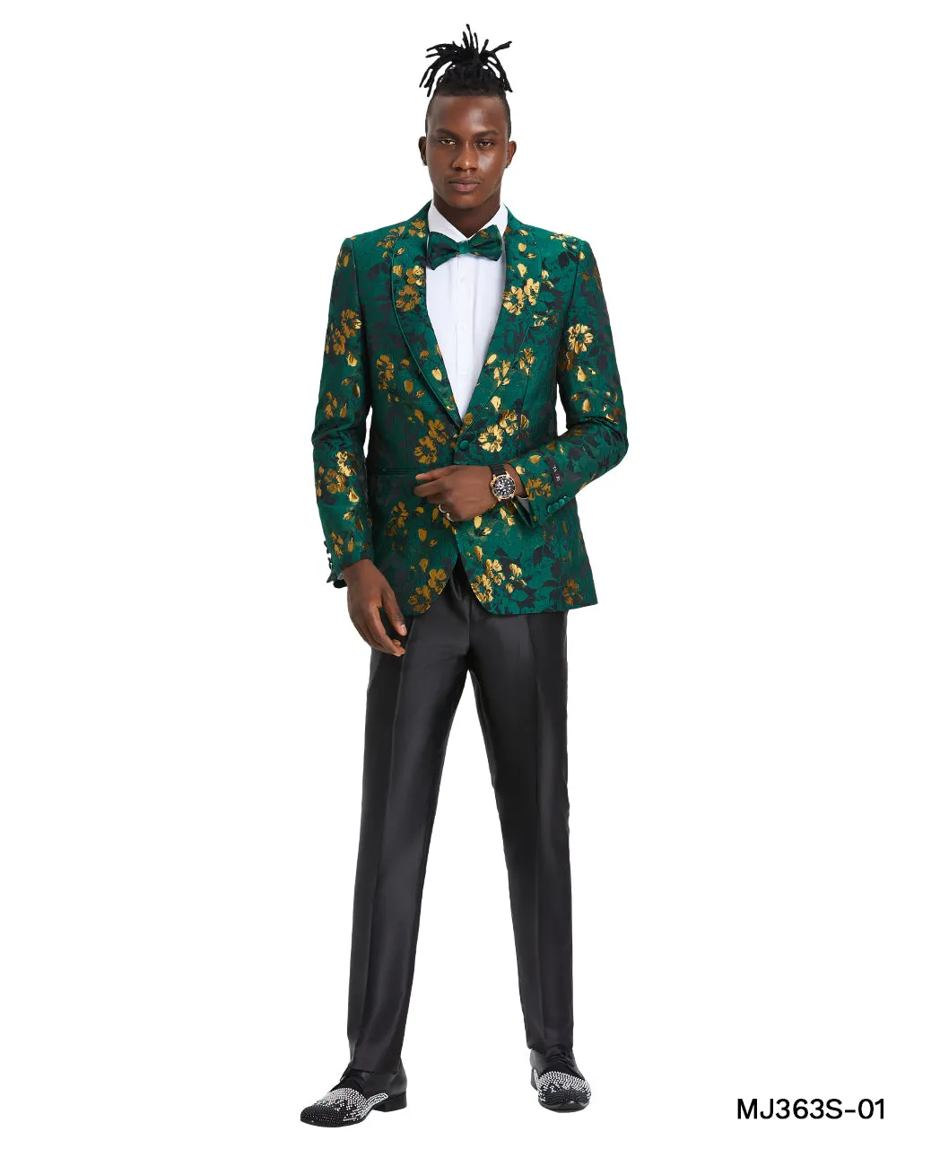 Tazio Green & Gold Paisley Floral Slim Fit Blazer Includes Bow Tie