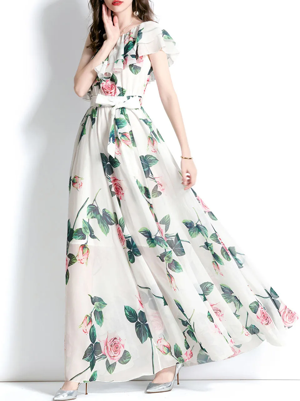 White One Shoulder Rose Floral Print Boho Dress Maxi Dress