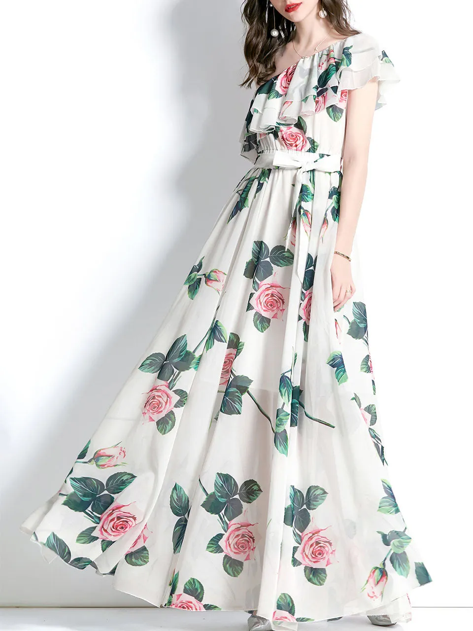 White One Shoulder Rose Floral Print Boho Dress Maxi Dress