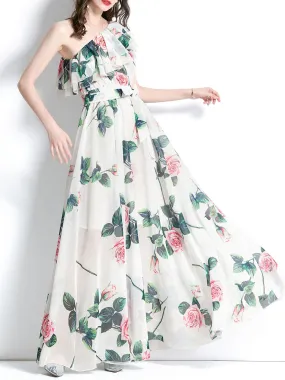 White One Shoulder Rose Floral Print Boho Dress Maxi Dress