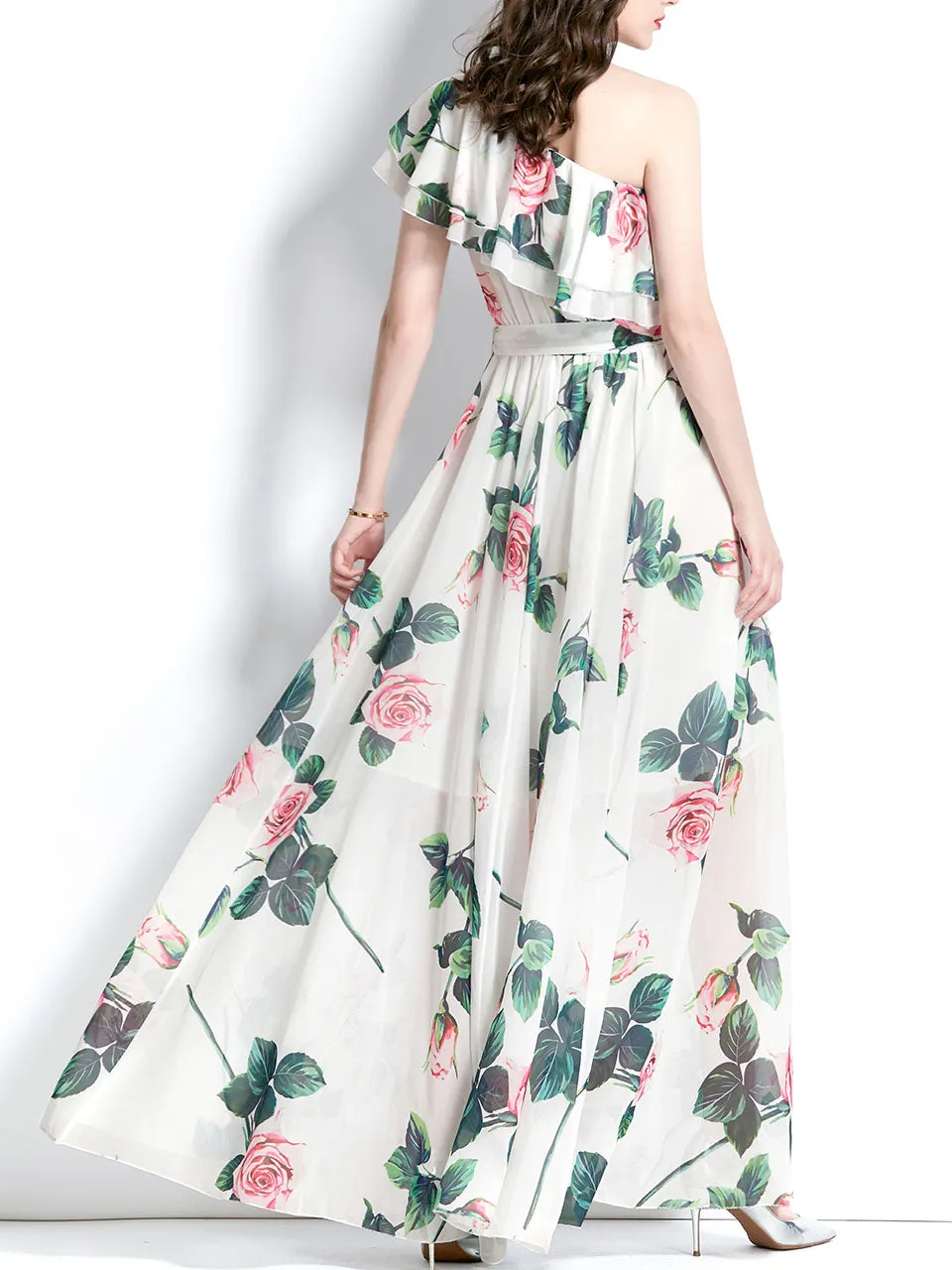 White One Shoulder Rose Floral Print Boho Dress Maxi Dress