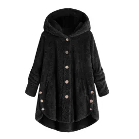 Winter Women Fluffy Coat Jackets Fashion Tail Button Soft Fleece Jacket Plus Size Loose Hooded Coat Casual Outwear Women Parka B-27819