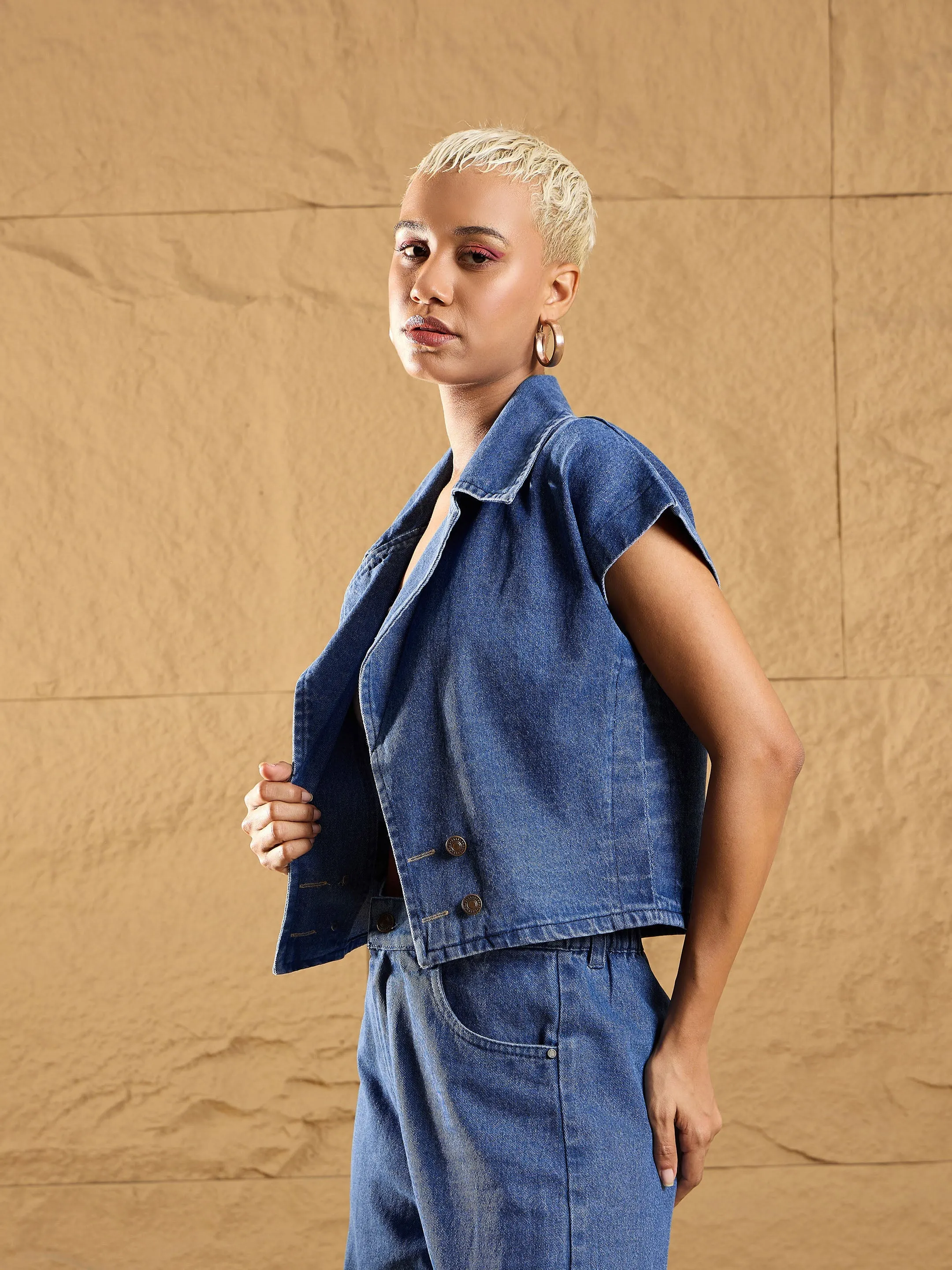 Women Blue Denim Washed Front Open Crop Gilet