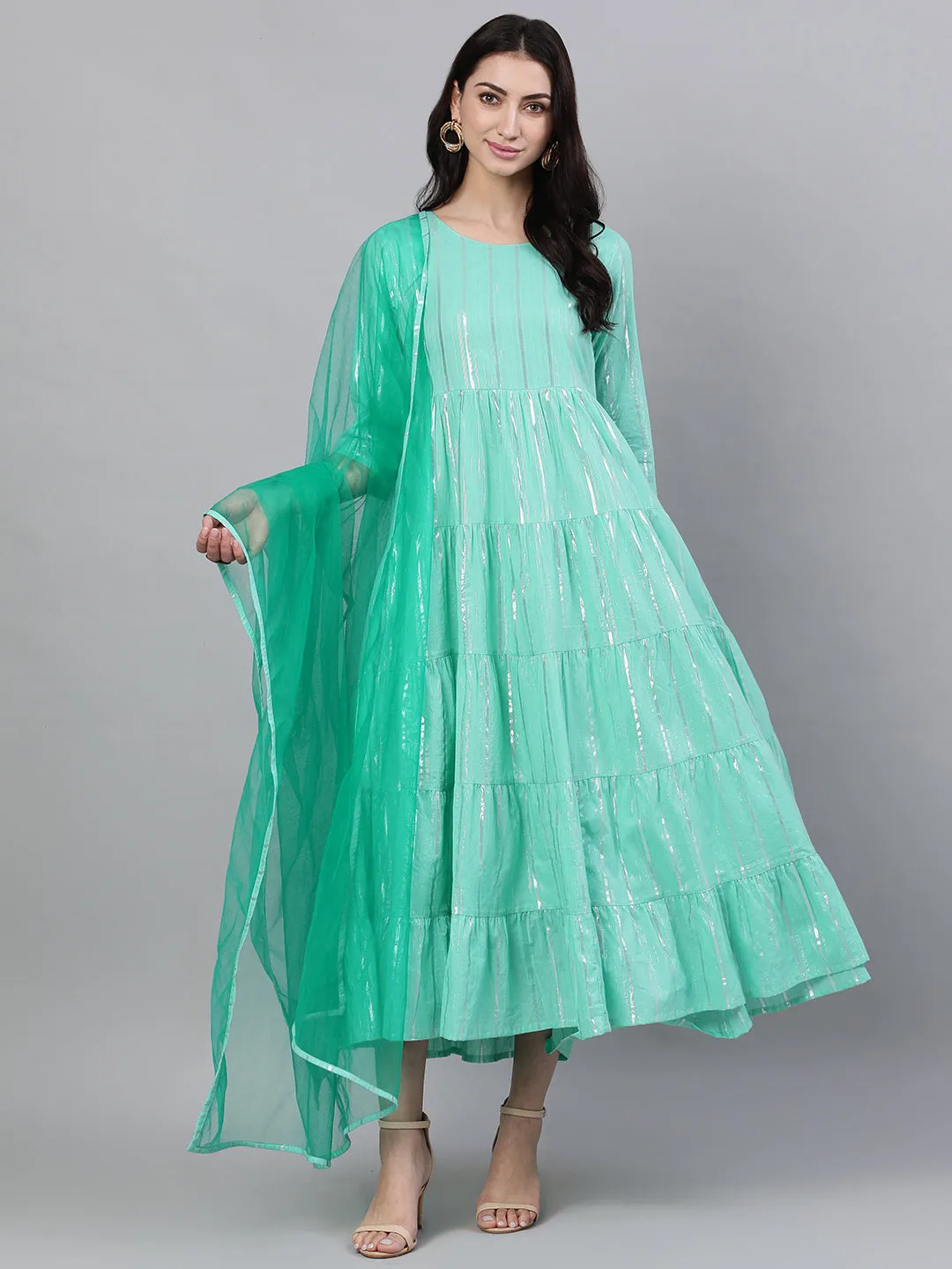 Women Green Solid Solid Round Neck Cotton Maxi Dress