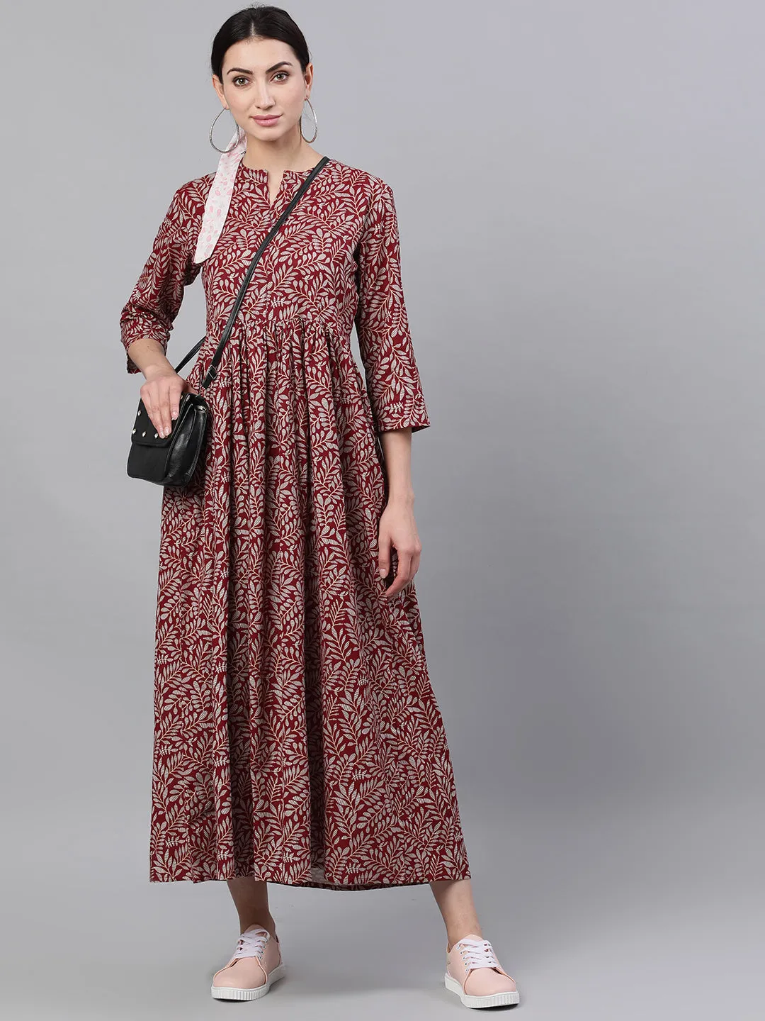 Women Maroon Floral Printed Mandarin Collar Cotton Maxi Dress