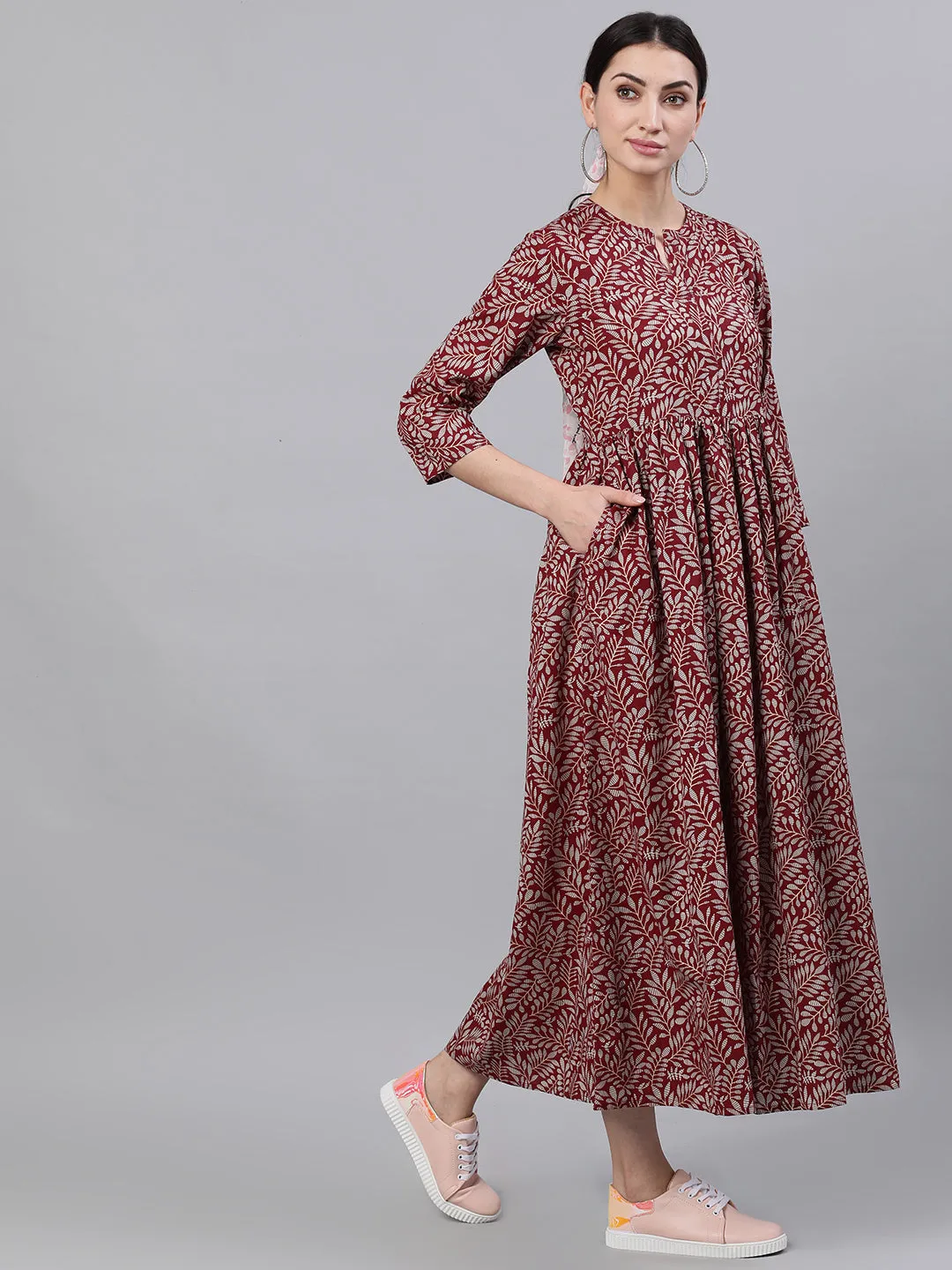 Women Maroon Floral Printed Mandarin Collar Cotton Maxi Dress