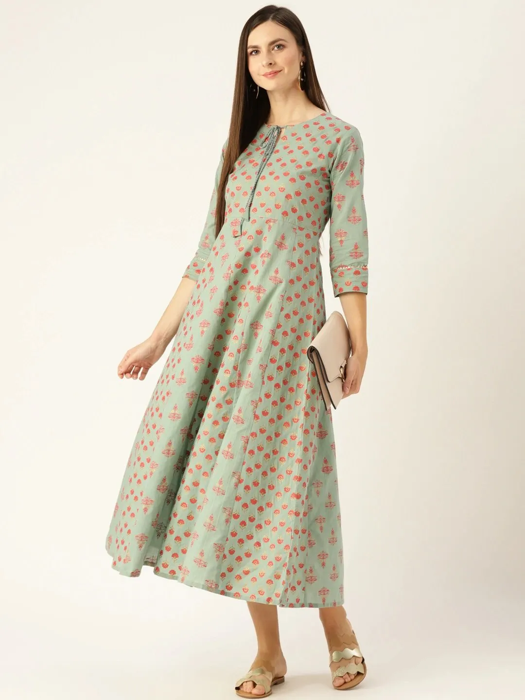 Women Metalic Green Ethnic Motifs Printed Round Neck Cotton Maxi Dress