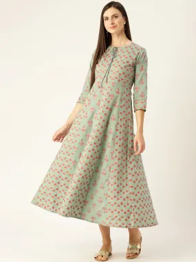 Women Metalic Green Ethnic Motifs Printed Round Neck Cotton Maxi Dress