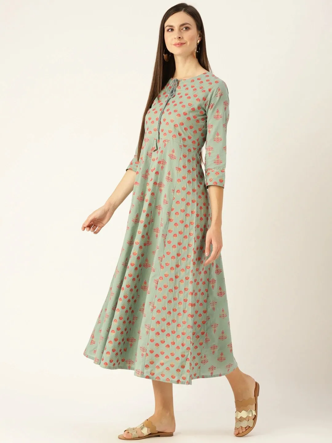 Women Metalic Green Ethnic Motifs Printed Round Neck Cotton Maxi Dress