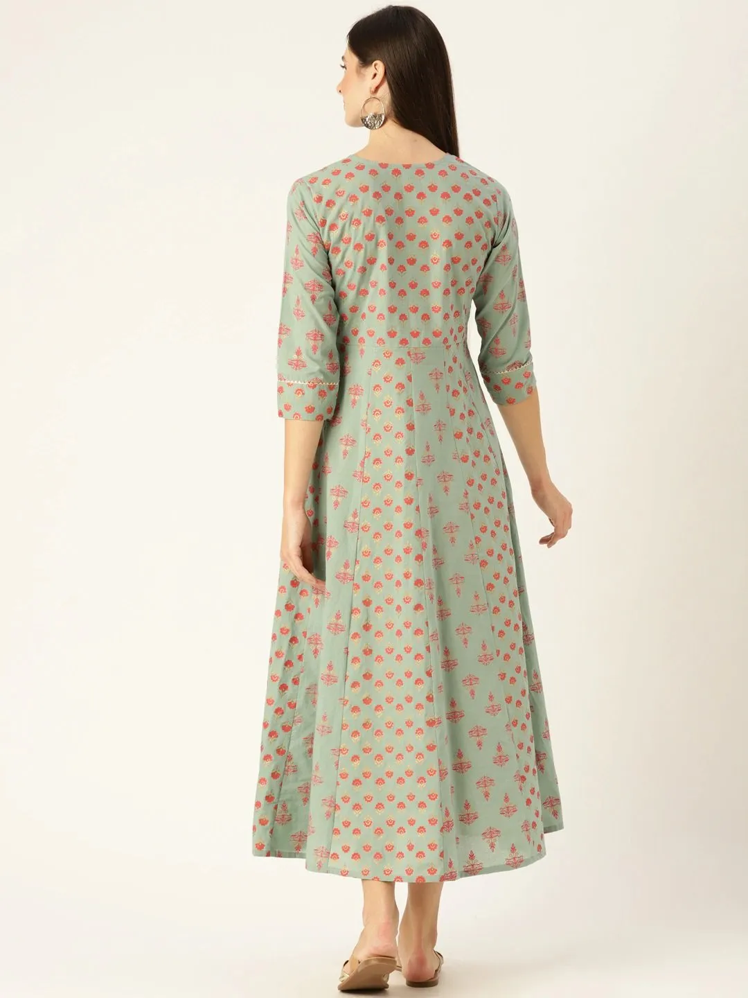 Women Metalic Green Ethnic Motifs Printed Round Neck Cotton Maxi Dress