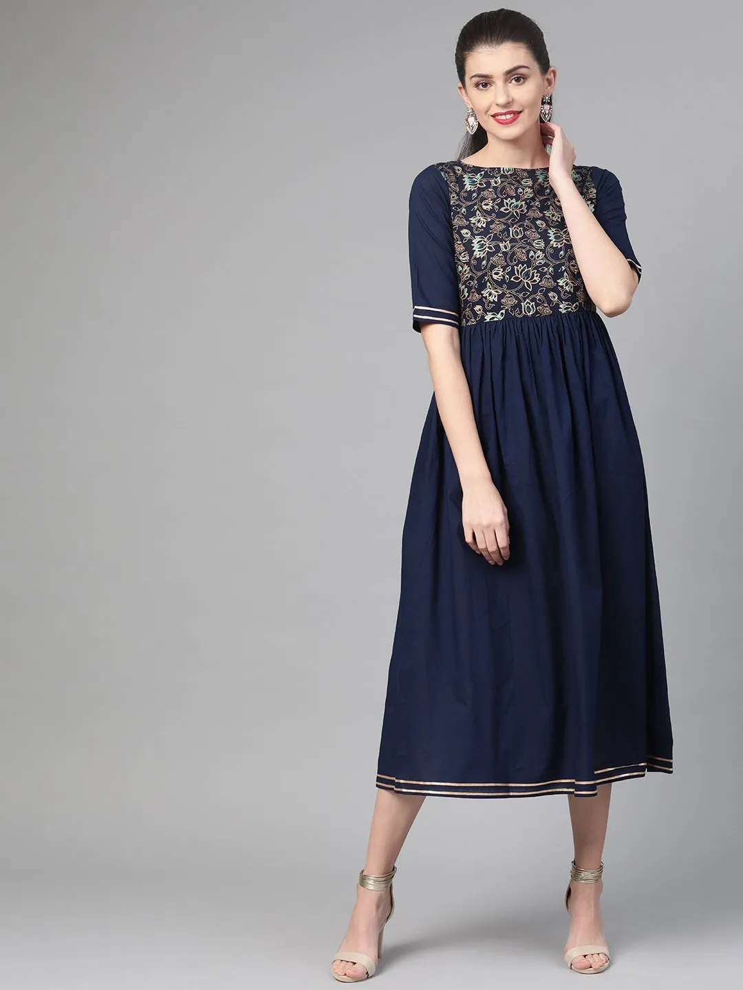 Women Navy Blue & Gold Floral Printed Maxi Dress