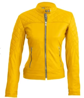 Women Yellow Quilted Leather Jacket  Women Yellow Quilted Leather Jacket