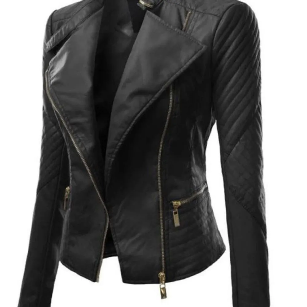 Womens Assymetrical Designer Quilted Black Leather Jacket