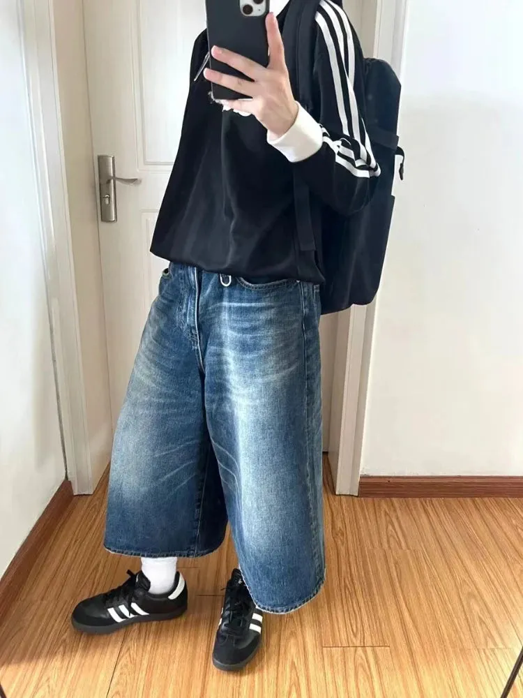 YESMYTOOL  -   Jean Shorts for Women Harajuku Fashion Loose Do Old Wide Leg Calf-Length Denim Pants Hip Hop Retro Summer Causal Bottoms