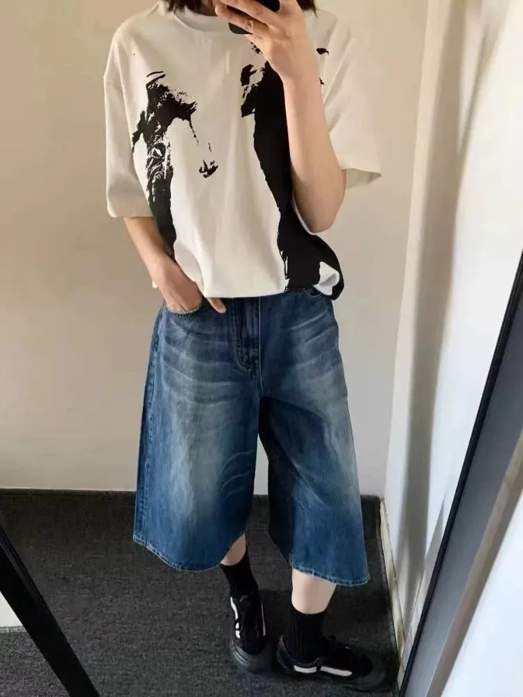 YESMYTOOL  -   Jean Shorts for Women Harajuku Fashion Loose Do Old Wide Leg Calf-Length Denim Pants Hip Hop Retro Summer Causal Bottoms