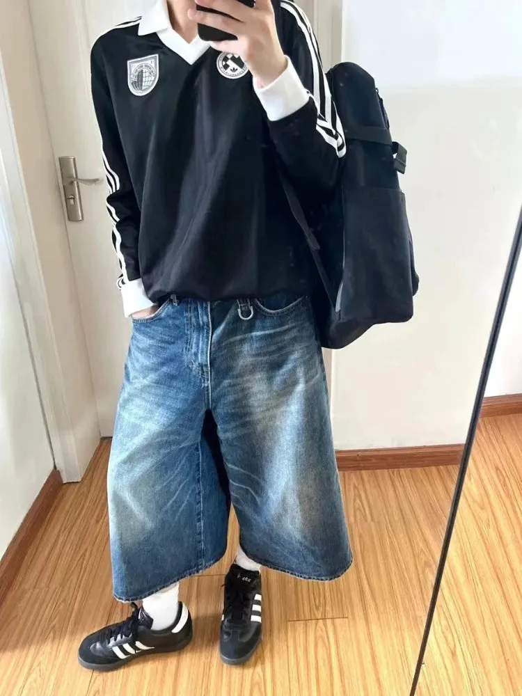 YESMYTOOL  -   Jean Shorts for Women Harajuku Fashion Loose Do Old Wide Leg Calf-Length Denim Pants Hip Hop Retro Summer Causal Bottoms